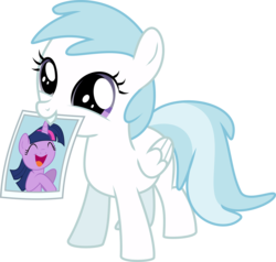 Size: 3000x2851 | Tagged: safe, artist:ruinedomega, cotton cloudy, twilight sparkle, pegasus, pony, g4, season 4, trade ya!, adorkable, cotton cloudy reveals, cottonbetes, cute, daaaaaaaaaaaw, dilated pupils, dork, female, filly, foal, folded wings, grin, high res, hnnng, mouth hold, photo, picture, ponyscape, simple background, smiling, solo, squee, transparent background, twiabetes, vector, weapons-grade cute, wings