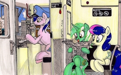 Size: 1280x798 | Tagged: safe, artist:newyorkx3, bon bon, lyra heartstrings, princess celestia, sweetie drops, oc, g4, cakelestia, manehattan, newspaper, traditional art, train