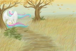 Size: 1152x768 | Tagged: source needed, safe, artist:bux, princess celestia, g4, autumn, female, field, leaves, solo, tall grass