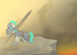 Size: 3000x2150 | Tagged: safe, artist:donkus, dragon, pony, action pose, armor, badass, high res, solo, sword, weapon