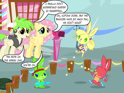 Size: 1280x960 | Tagged: safe, artist:violetclm, cherry crash, fluttershy, equestria girls, g4, background human, crossover, dialogue, easter, equestria girls ponified, mailbox, ponified, speech bubble, sugarcube corner