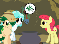 Size: 1280x960 | Tagged: safe, artist:violetclm, apple bloom, paisley, sweet leaf, bloom & gloom, equestria girls, g4, 420, background human, cauldron, equestria girls ponified, marijuana, older, ponified, speech bubble