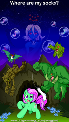 Size: 1200x2100 | Tagged: safe, artist:marcusmaximus, minty, oc, oc:princess arachne, cockatrice, lizard, reptile, spider, timber wolf, minty fresh adventure, g3, g4, bubble, clothes, fresh minty adventure, g3 to g4, game, generation leap, pony platforming project, socks