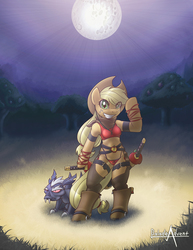 Size: 1020x1320 | Tagged: safe, artist:balade, applejack, vampire fruit bat, anthro, g4, arm hooves, katana, sword, weapon