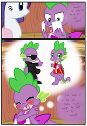 Size: 1741x2500 | Tagged: safe, artist:pyruvate, rarity, spike, dragon, comic:dragon queen, g4, apron, blushing, clothes, comic, naked apron