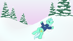 Size: 1366x768 | Tagged: source needed, safe, artist:bux, lyra heartstrings, g4, clothes, eyes closed, female, on back, snow, snow angel, solo, sweater