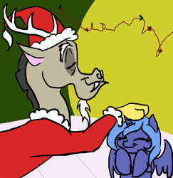 Size: 900x926 | Tagged: source needed, safe, artist:bux, discord, princess luna, g4, christmas, chuck jones, cindy lou who, clothes, costume, cute, eyes closed, female, filly, filly luna, holiday, how the grinch stole christmas, parody, petting, s1 luna, santa costume, the grinch, woona, younger
