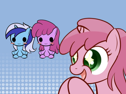 Size: 638x479 | Tagged: safe, artist:why485, berry punch, berryshine, minuette, ruby pinch, earth pony, pony, unicorn, g4, blush sticker, blushing