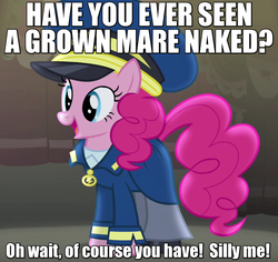 Size: 720x680 | Tagged: safe, edit, edited screencap, screencap, pinkie pie, g4, testing testing 1-2-3, airplane!, caption, clothes, costume, female, image macro, meme, solo, uniform, we don't normally wear clothes