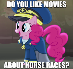 Size: 720x680 | Tagged: safe, screencap, pinkie pie, earth pony, pony, g4, testing testing 1-2-3, airplane!, caption, clothes, costume, cropped, female, hat, image macro, mare, meme, solo, uniform