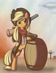 Size: 980x1270 | Tagged: safe, artist:bamboodog, applejack, earth pony, pony, g4, barrel, bipedal, female, gun, shotgun, solo