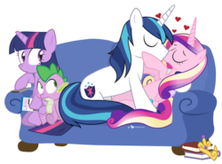 Size: 1150x850 | Tagged: safe, artist:dm29, princess cadance, shining armor, spike, twilight sparkle, alicorn, dragon, pony, unicorn, g4, awkward, couch, cuddling, female, frown, heart, inconvenient making out cadance and shining armor, kiss on the lips, kissing, male, mare, on back, romance, romantic, ship:shiningcadance, shipping, simple background, snuggling, stallion, straight, transparent background, twilight sparkle (alicorn), watching, wide eyes
