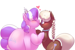 Size: 922x624 | Tagged: safe, artist:secretgoombaman12345, diamond tiara, silver spoon, chocolate pony, food pony, original species, pony, ask chubby diamond, g4, bite mark, blushing, chocolate, chubby diamond, fat, food, glasses, imminent vore, implied butt bite, implied vore, licking, sweat, this will end in death, tongue out