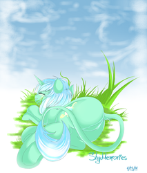 Size: 1024x1200 | Tagged: safe, artist:shymemories, oc, oc only, classical unicorn, pony, unicorn, butt, crying, eyes closed, featureless crotch, foreshortening, grass, hooves, horn, leonine tail, on side, plot, sad, smiling, solo, tail, tail wag, tears of joy, underhoof