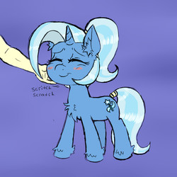 Size: 800x800 | Tagged: safe, artist:ichibangravity, trixie, human, g4, :t, alternate hairstyle, arm, blush sticker, blushing, chest fluff, chin scratch, cute, diatrixes, ear fluff, eyes closed, fluffy, hand, petting, ponytail, simple background, smiling, solo focus, tail wrap