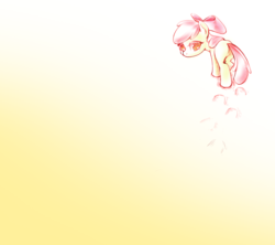 Size: 1440x1280 | Tagged: safe, artist:gashiboka, apple bloom, earth pony, pony, g4, female, filly, foal, gradient background, hoofprints, solo, wallpaper