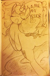 Size: 849x1280 | Tagged: safe, artist:kolshica, princess luna, g4, blame my sister, female, monochrome, on back, sketch, sleeping, solo, traditional art