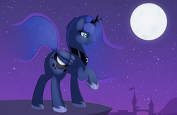 Size: 1280x828 | Tagged: safe, artist:ratofdrawn, princess luna, alicorn, pony, g4, butt, canterlot, female, mare, moon, moonbutt, night, plot, raised hoof, solo