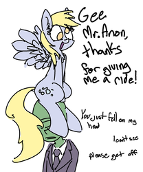 Size: 1280x1538 | Tagged: safe, artist:nobody, derpy hooves, oc, oc:anon, pegasus, pony, g4, dialogue, female, mare, pony hat, riding