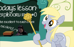 Size: 1130x720 | Tagged: safe, edit, derpy hooves, pegasus, pony, derpibooru, flight to the finish, g4, princess twilight sparkle (episode), rainbow falls, bill & ted, bill & ted's excellent adventure, chalkboard, excellent, female, mare, meme, muffin scepter, rule 0, solo, substitute teacher derpy, twilight scepter, wayne's world