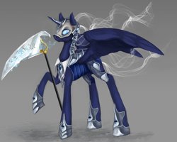 Size: 999x799 | Tagged: safe, artist:elkaart, oc, oc only, oc:lady masquerade, alicorn, pony, armor, mask, nightmare transformation, scythe, solo, spades, weapon