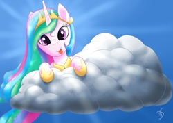 Size: 1754x1240 | Tagged: safe, artist:bluespaceling, princess celestia, pony, g4, :p, cloud, crepuscular rays, cute, cutelestia, female, leaning, looking at you, peeking, silly, silly pony, smiling, solo, tongue out