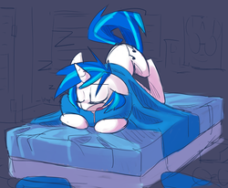 Size: 1280x1057 | Tagged: safe, artist:whoop, dj pon-3, vinyl scratch, pony, unicorn, g4, bed, blanket, drool, eyes closed, face down ass up, female, floppy ears, hug, mare, open mouth, pillow, pillow hug, sleeping, snoring, solo, zzz
