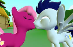 Size: 1600x1024 | Tagged: safe, artist:viranimation, cheerilee, soarin', earth pony, pegasus, pony, g4, 3d, crack shipping, duo, eyes closed, female, kiss on the lips, kissing, male, mare, old cutie mark, shipping, smiling, soarilee, source filmmaker, spread wings, stallion, straight