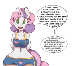 Size: 1280x1117 | Tagged: safe, artist:somescrub, sweetie belle, anthro, ask nudist sweetie belle, g4, barely legal, belly button, dialogue, explicit source, female, heart, heart eyes, older, solo, wide hips, wingding eyes