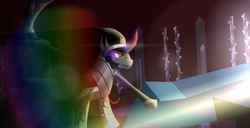 Size: 633x325 | Tagged: safe, artist:sillyfillystudios, king sombra, pony, unicorn, fall of the crystal empire, g4, armor, crystal, crystal empire, lens flare, male, scythe, solo, weapon