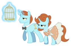 Size: 8000x5154 | Tagged: safe, artist:masem, beyond (g4), infinity (g4), pony, unicorn, g4, my little pony: friendship is magic, trade ya!, .svg available, absurd resolution, bioshock infinite, birdcage, cage, female, lutece twins, magic, male, mare, robert lutece, rosalind lutece, simple background, stallion, transparent background, vector