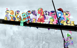 Size: 4800x3000 | Tagged: dead source, safe, artist:inkypsycho, applejack, big macintosh, bon bon, derpy hooves, fluttershy, gummy, lyra heartstrings, pinkie pie, rainbow dash, rarity, spike, sweetie drops, trixie, twilight sparkle, dragon, earth pony, pegasus, pony, unicorn, g4, beer, bon bon is not amused, cigarette, clothes, female, food, girder, gloves, high res, lunch atop a skyscraper, male, mare, parody, ponified photo, sandwich, signature, smoking, stallion, tattoo