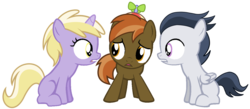 Size: 1336x582 | Tagged: dead source, safe, artist:dreamcasterpegasus, button mash, dinky hooves, rumble, g4, colt, female, filly, foal, hat, male, propeller hat, simple background, trio