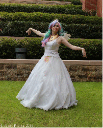 Size: 606x750 | Tagged: safe, artist:lochlan o'neil, princess celestia, human, g4, animated, clothes, cosplay, dress, gown, irl, irl human, photo, solo, twirl