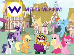 Size: 960x720 | Tagged: safe, applejack, fluttershy, pinkie pie, rainbow dash, rarity, spike, twilight sparkle, alicorn, pony, g4, crossover, fanfic art, fanfic cover, female, male, mane six, mare, super mario bros., twilight sparkle (alicorn), wario, wario land, wario land: shake it, wat