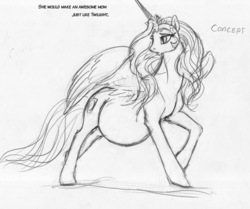 Size: 1000x835 | Tagged: safe, artist:leovictor, oc, oc only, oc:nyx, alicorn, pony, :o, alicorn oc, looking back, messy mane, monochrome, older, older nyx, open mouth, pregnant, raised hoof, sketch, solo, spread wings