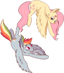 Size: 708x813 | Tagged: safe, artist:flower-power-love, fluttershy, rainbow dash, pegasus, pony, g4, beanbrows, cutie mark, duo, eye contact, eyebrows, female, flying, looking at each other, simple background, thick eyebrows, transparent background, wingding eyes, wings