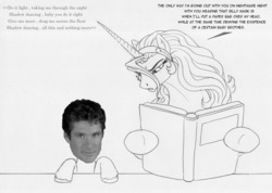 Size: 1300x926 | Tagged: safe, artist:leovictor, oc, oc only, oc:nyx, book, david hasselhoff, frown, glare, hoof hold, monochrome, open mouth, unamused, wat