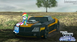 Size: 1527x829 | Tagged: safe, rainbow dash, equestria girls, g4, beast hunters, bumblebee (transformers), transformers, transformers prime