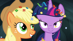 Size: 1920x1080 | Tagged: safe, screencap, applejack, twilight sparkle, alicorn, pony, g4, my little pony: friendship is magic, trade ya!, female, mare, twilight sparkle (alicorn)