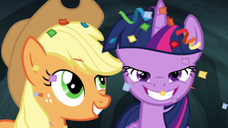 Size: 1920x1080 | Tagged: safe, screencap, applejack, twilight sparkle, alicorn, pony, g4, my little pony: friendship is magic, trade ya!, faic, female, mare, twilight sparkle (alicorn)