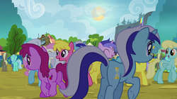 Size: 1920x1080 | Tagged: safe, screencap, amethyst star, berry punch, berryshine, cherry berry, coco crusoe, lemon hearts, linky, lyra heartstrings, minuette, oakey doke, sassaflash, sea swirl, seafoam, shoeshine, sparkler, twinkleshine, earth pony, pegasus, pony, unicorn, g4, trade ya!, background pony, butt, clone, crowd, female, male, mare, minu-ass, plot, stallion