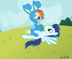 Size: 3300x2700 | Tagged: safe, artist:rulette, rainbow dash, soarin', pegasus, pony, g4, bunny costume, clothes, costume, cute, dashabetes, duo, duo male and female, easter, easter bunny, female, high res, male, mare, ship:soarindash, shipping, sitting, smiling, stallion, straight