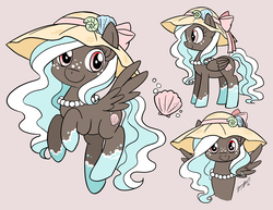 Size: 3300x2550 | Tagged: safe, artist:chibi-jen-hen, oc, oc only, oc:seafoam, pegasus, pony, female, freckles, hat, high res, jewelry, mare, necklace, pearl necklace, shell, smiling, solo, spread wings, sun hat, wings