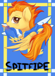 Size: 2200x3000 | Tagged: safe, artist:chiweee, spitfire, pegasus, pony, g4, clothes, female, fire, fire breath, high res, looking at you, solo, text, uniform, wonderbolts uniform