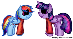 Size: 1024x557 | Tagged: safe, artist:stapsy, rainbow dash, twilight sparkle, alicorn, pony, g4, clothes, duo, female, mare, older, prison outfit, prisoner rd, prisoner ts, smiling, twilight sparkle (alicorn)