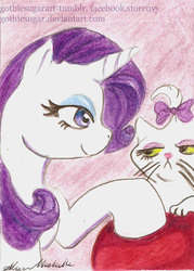 Size: 372x519 | Tagged: safe, artist:gothicsugar, opalescence, rarity, cat, pony, g4, cute, simple background, traditional art