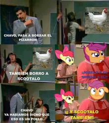 Size: 850x960 | Tagged: safe, apple bloom, scootaloo, chicken, g4, chalkboard, comic, el chavo, el chavo del 8, la chilindrina, profesor jirafales, scootachicken, spanish, translated in the comments, ñoño