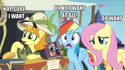 Size: 1280x720 | Tagged: safe, edit, edited screencap, screencap, fluttershy, rainbow dash, teddie safari, g4, trade ya!, caption, daring do collector, do not want, full set, not sure if want, text, varying degrees of want, want