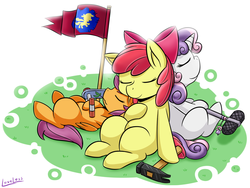Size: 1452x1092 | Tagged: safe, artist:vavacung, apple bloom, scootaloo, sweetie belle, earth pony, pegasus, pony, unicorn, g4, cmc logo, cute, cutie mark crusaders, eyes closed, female, filly, flag, foal, folded wings, hammer, lying down, microphone, on back, scooter, signature, sitting, sleeping, smiling, wings
